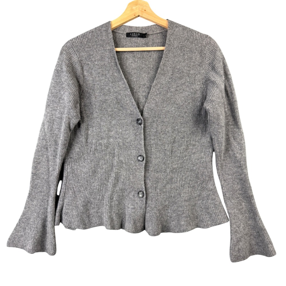 Lusso‎ Cashmere Gray Ribbed Peplum Cardigan Bell Sleeve V-Neck Sweater Large